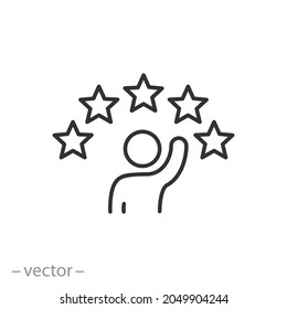 customer satisfaction 5 star icon, loyalty employee, review quality rate, high grade, client recommend or feedback, thin line symbol - editable stroke vector illustration