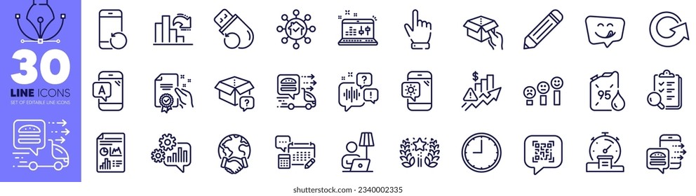 Customer satisfaction, Ab testing and Hold box line icons pack. Qr code, Weather phone, Inspect web icon. Reload, Yummy smile, Flash memory pictogram. Food order, Cursor, Certificate. Vector