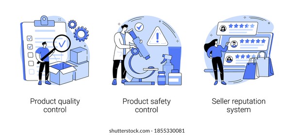 Customer satisfaction abstract concept vector illustration set. Product quality and safety control, seller reputation system, customer feedback, warranty certificate, shop rating abstract metaphor.