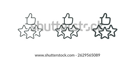 Customer satisfaction, best choice, customer review, outline icons. Line signs thumb up and three stars. Vector isolated pictograms for web and apps on white background editable stroke.