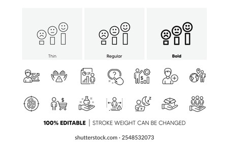 Satisfacción del Cliente, informe de negocio e íconos de línea Agregar persona. Paquete de trabajo de subcontratación, distancia social, icono de la caja de retención. Riqueza de los empleados, huellas dactilares, pictograma de laboratorio de química. Comprador. Vector