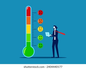 Satisfacción del cliente. Empresario con termómetro que mide diferentes niveles de ánimo. vector 