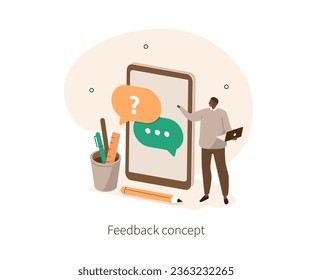 Customer satisfaction. Character asking for a feedback to online helpdesk service. Survey and review concept. Vector illustration.
