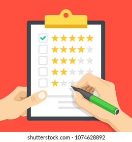 Customer satisfaction. Clipboard with rating stars, hand holding pen, green check mark on five stars checkbox. Customer loyalty, quality control, rating concept. Modern flat design vector illustration