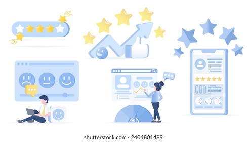 Customer satisfaction collection set. Loyalty program, customer review, feedback, comment, complaint, questionnaire, star rating, positive and negative thinking. Flat vector design illustration.
