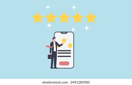 Satisfacción del Cliente, comentario o dar reseña del producto, mejor reputación o clasificación Cliente o cliente dando cinco estrellas Comentarios de reseña, 5 estrellas calificación Comentarios