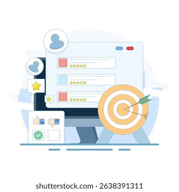 Customer Satisfaction Concept, Customer feedback, rating or review evaluation, user experience or client satisfaction, products and services, customer satisfaction with products or services.