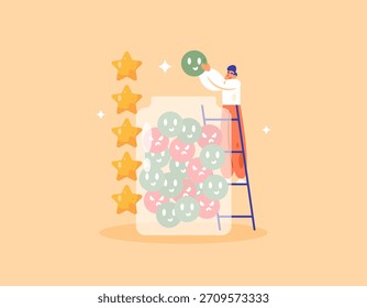 Concepto de satisfacción Cliente. dando clasificaciones, estrellas y reseñas. Sentirse satisfecho. Ilustración de un hombre poniendo un símbolo feliz en un frasco. diseño de estilo plano. fondo naranja