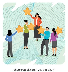 Concepto de satisfacción Cliente. Un grupo de profesionales que colaboran, celebrando el trabajo en equipo y el logro, simbolizado por la celebración de estrellas de oro. 