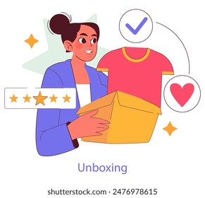 Customer satisfaction concept. A happy customer unboxes a new purchase with icons indicating positive reviews. Enjoyment of product quality. Vector illustration.