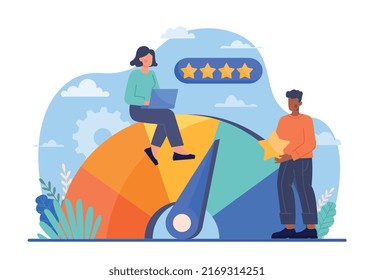 Customer satisfaction concept. Man and woman with laptop evaluate opinions of users and clients. Analytical department conducts marketing research on Internet. Cartoon flat vector illustration