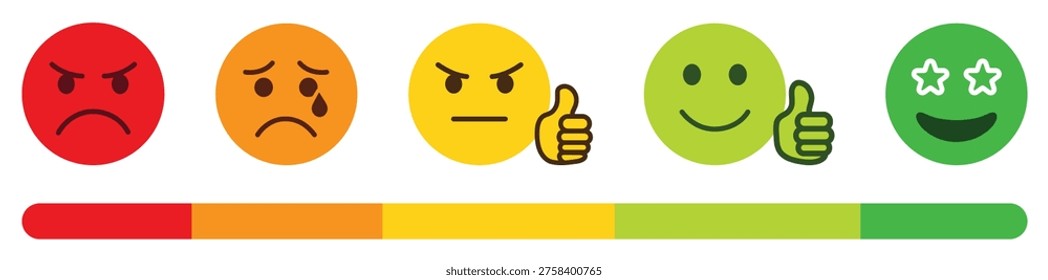 Customer satisfaction concept showing rating scale with emoji faces from angry to happy. Feedback meter illustrates user experience, review score, service quality, and client opinion levels.