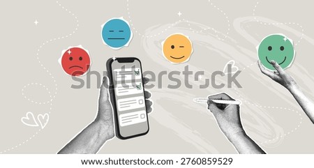 Customer satisfaction concept. Trendy halftone collage. Woman holding a smartphone with a feedback survey form and selecting an emoji rating. Digital experience assessment for business service quality