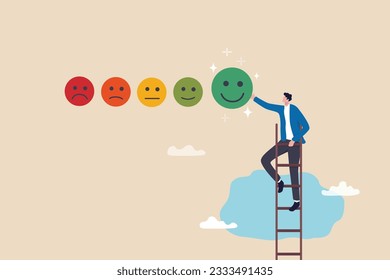 Customer satisfaction, feedback or appreciation rating, positive score or good quality service, customer experience vote concept, young man climb up ladder to give positive smile feedback rating.