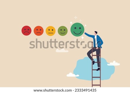Customer satisfaction, feedback or appreciation rating, positive score or good quality service, customer experience vote concept, young man climb up ladder to give positive smile feedback rating.