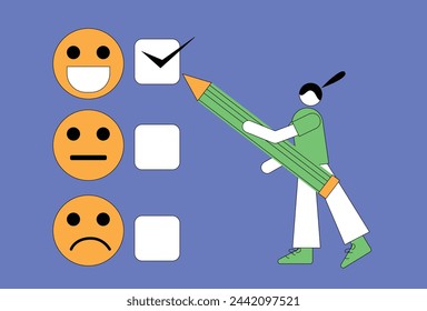 Customer satisfaction and feedback based on perceived experience. An abstract character is filling out a customer satisfaction survey