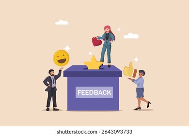 Customer Satisfaction and Feedback Collection: Diverse People Providing Ratings by Dropping Emoji, Star, Heart, and Thumbs Up Icons into a Box.