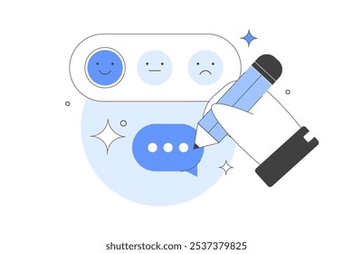 Feedback De Satisfação Do Cliente Emoji Com Mão. Escrevendo Revisão. Comentários e conceito de revisão. Dando um feedback positivo. Escala de notação. Ilustração de vetor, ícone. Elegante, linha minimalista, abstrato