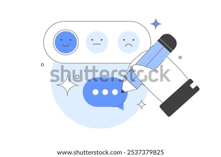 Customer Satisfaction Feedback Emoji With Hand. Writing Review. Feedback and review concept. Giving positive feedback. Rating scale. Vector Illustration, icon. Stylish, Minimalist line, abstract