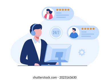 customer satisfaction, feedback, fast response, 24 hours call center concept, illustration vector