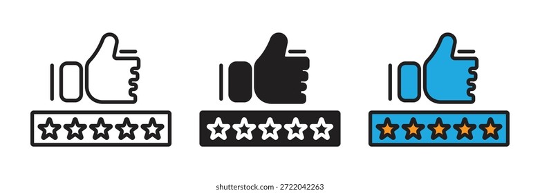 Ícone de feedback de satisfação do cliente mostrando um gesto para cima com uma barra de classificação de cinco estrelas, ideal para depoimentos e análises de serviço.