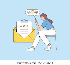 Cliente Satisfacción Comentarios ilustración. Leyendo reseñas de Clientes móviles. Comentarios en línea en un Smartphone. Vector plano.