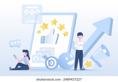 Satisfacción del Cliente, opiniones de Comentarios, satisfacción del Cliente con el producto o servicio. Respuesta positiva y negativa, estrella de rating, lealtad, buena experiencia. Ilustración vectorial de diseño plano.