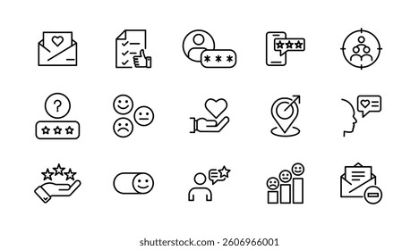 Customer satisfaction, feedback, testimonials line icon set. Survey, customer review, five star, opinion, ratings, response, support, client satisfaction outline icon pack. UI thin outline icon pack
