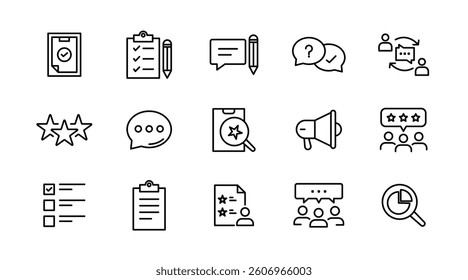 Customer satisfaction, feedback, testimonials line icon set. Survey, customer review, five star, opinion, ratings, response, support, client satisfaction outline icon pack. UI thin outline icon pack