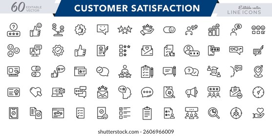 Customer satisfaction, feedback, testimonials line icon set. Survey, customer review, five star, opinion, ratings, response, support, client satisfaction outline icon pack. UI thin outline icon pack
