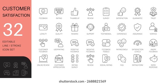 Conjunto de ícones da linha fina Satisfação do cliente e Comentários. Símbolos vetoriais para revisões do usuário, classificações online e UX de interface do usuário de suporte ao cliente. Traçado totalmente editável.