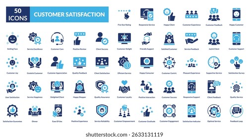 customer satisfaction fill icon set collection. Happy Customer, Customer Support, Satisfaction Survey, Quality Service, Feedback Loop, Five Star Rating, Responsive Service, Customer Experience
