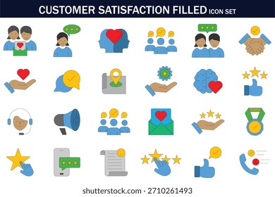 Conjunto de íconos llenos de satisfacción Cliente con Comentarios, reseñas, calificaciones, Asistencia, comunicación, lealtad, confianza y símbolos de calidad de servicio. Perfecto para negocios y diseños de Servicio al cliente.