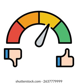 Customer satisfaction flat icon featuring thumbs up and down, symbolizing service approval, customer opinion, and performance feedback.