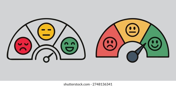 Customer satisfaction gauge icon with three colored emoji faces and performance meter; Satisfaction customer feedback meter with sad