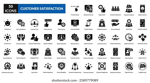 customer satisfaction glyph icon set collection. Happy Customer, Customer Support, Satisfaction Survey, Quality Service, Feedback Loop, Five Star Rating, Responsive Service, Customer Experience