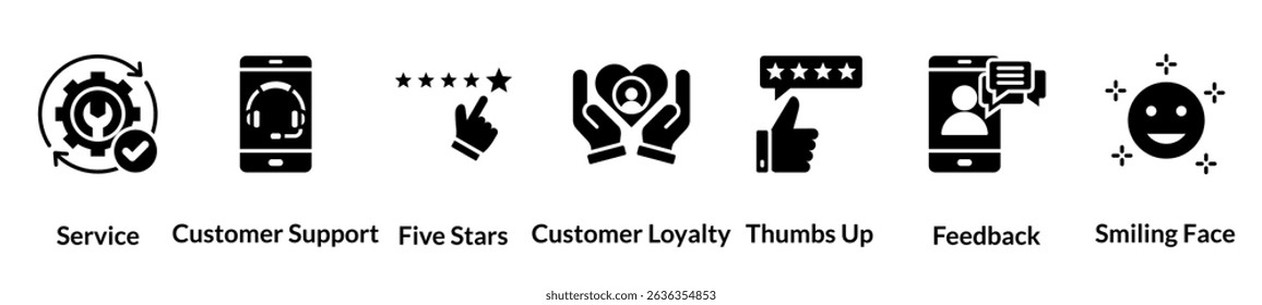 Customer satisfaction glyph icon set. service, customer support, five star, customer loyalty, thumbs up, feedback, smiling face