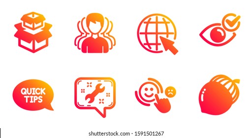 Customer satisfaction, Group and Spanner line icons set. Internet, Check eye and Quickstart guide signs. Packing boxes, Acorn symbols. Happy smile, Headhunting service. Business set. Vector