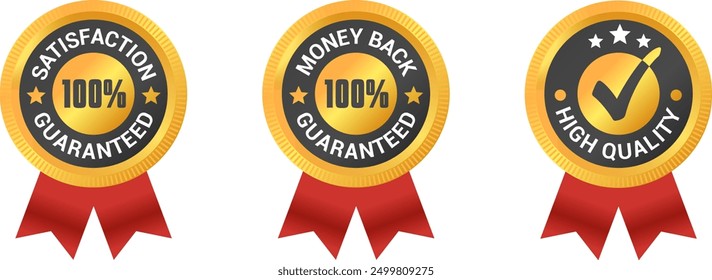 Customer satisfaction guaranteed gold badge set. Best seller sticker label. Isolated trust and quality golden badges on white background. Realistic vector illustration.