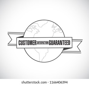 Customer Satisfaction guaranteed line globe ribbon message concept isolated over a white background