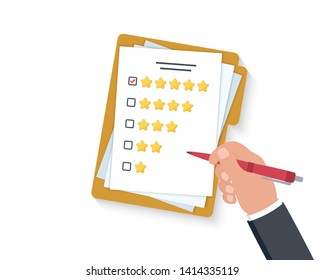 Customer satisfaction. Hand holding clipboard with rating stars and pen. Green check mark on five stars checkbox. Give rating on customer service