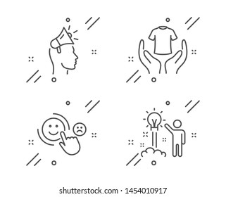 Customer satisfaction, Hold t-shirt and Brand ambassador line icons set. Creative idea sign. Happy smile, Laundry shirt, Megaphone. Startup. People set. Line customer satisfaction outline icon. Vector