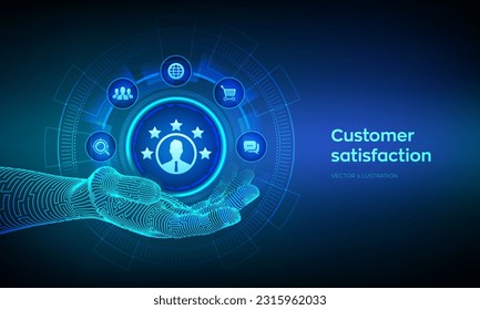 Customer satisfaction icon in robotic hand. Customer survey and feedback analytics concept on virutal screen. Using AI and automation technology in marketing for customer service. Vector illustration.