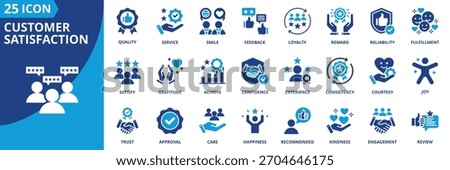 customer satisfaction icon set collection in solid glyph dual color style. pack contain loyalty, trust, happiness, feedback, review, service, smile, quality, experience, approval icon