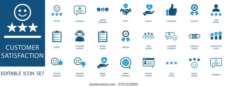 Conjunto de iconos de satisfacción Cliente. con clasificaciones de estrellas, reseñas, símbolos de Encuesta y emociones del usuario. Vector editable de Profesional para negocios y calidad de servicio.