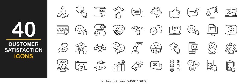 Customer satisfaction icon set. Feedback icons for web and mobile app. Icons in line style collection. Containing recommend, thankful, dislike, gratification, positive feedback and more