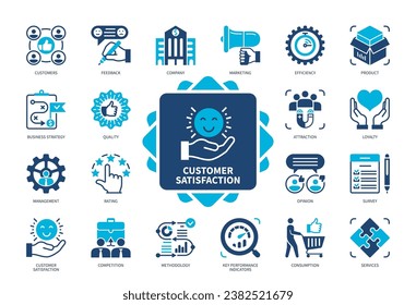 Symbol für Kundenzufriedenheit gesetzt. Marketing, Produkt, Dienstleistungen, Qualität, KPI, Bewertung, Konsum, Geschäftsstrategie. Duotone-Farbsymbole