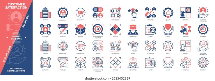 Customer Satisfaction icon set. Marketing, Product, Services, Quality, KPI, Rating, Consumption, Business Strategy. Duotone color solid and editable outline icons