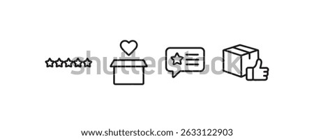 Customer satisfaction icon set: ratings, box with heart, review speech bubble, thumbs up package.