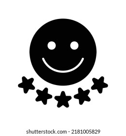 Customer Satisfaction Icon With Smile And Stars Of Rate, In Black Solid Style